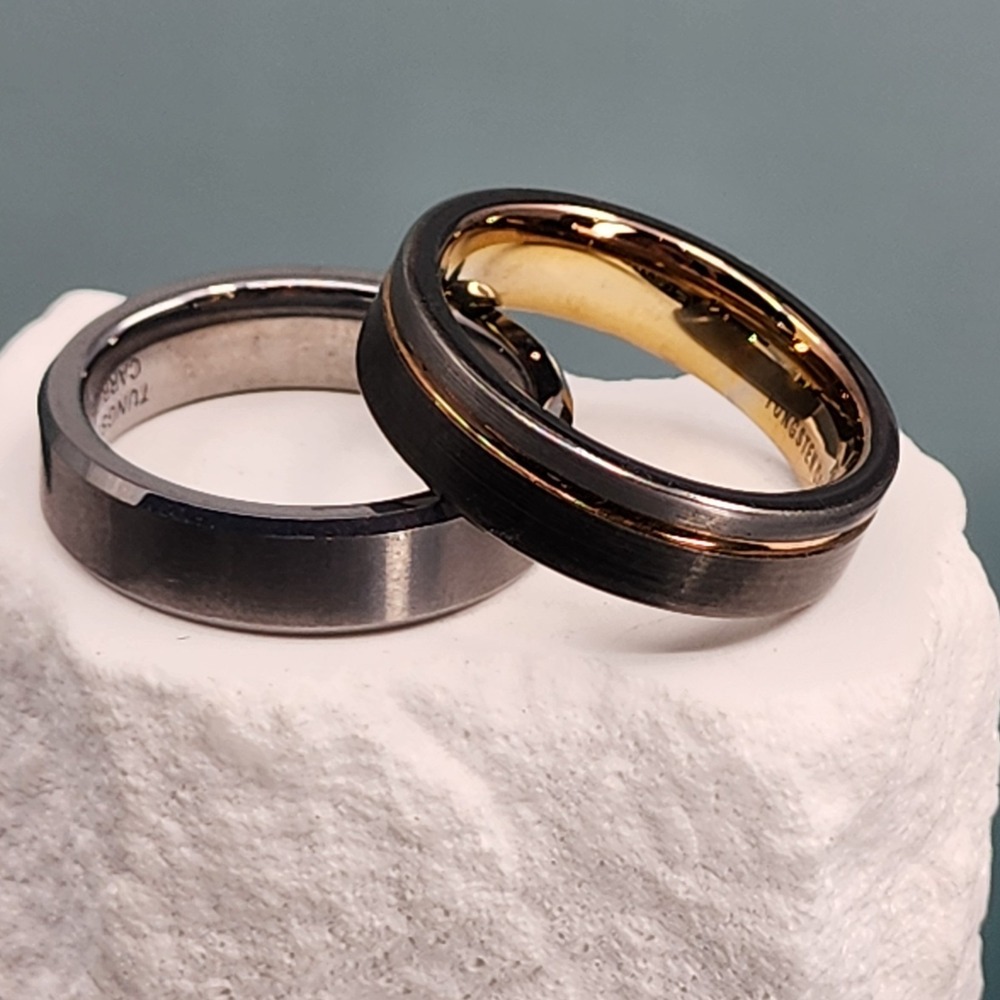 King Will Tungsten Carbide 2 Ring Lot Black Gold & Silver Tone Men's Bands Gift